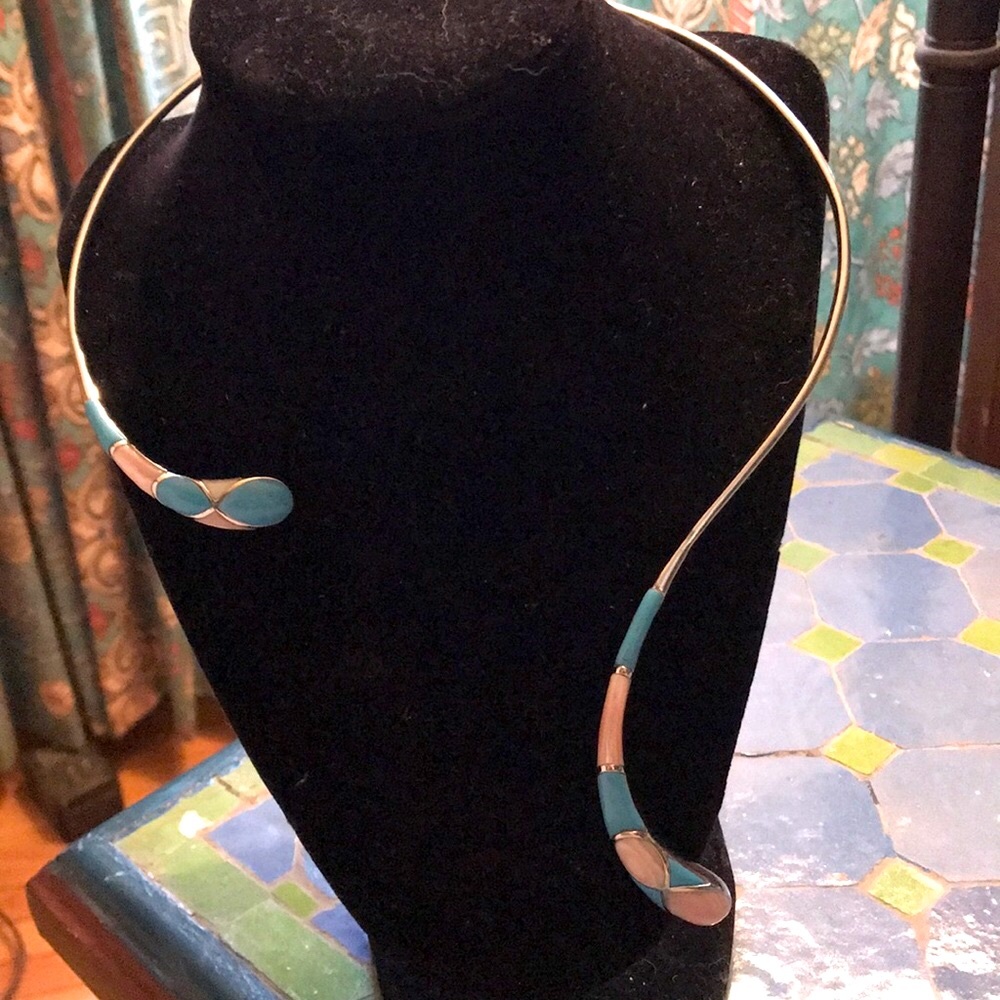 Moderne ART form 925 turquoise/quartz necklace, snakey, SW, free form, boho